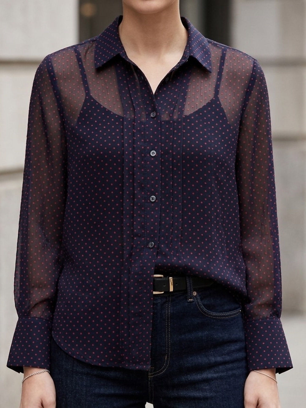 Banana Republic Navy Blue Sheer Blouse Red Polka Dot Textured Fabric Sz Small